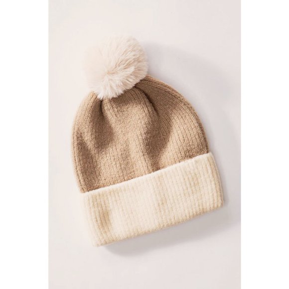 NEW Super Soft Cozy Faux Fur Pom Pom Color Block Rib Knit Beanie Hats Taupe Rust - Picture 2 of 8